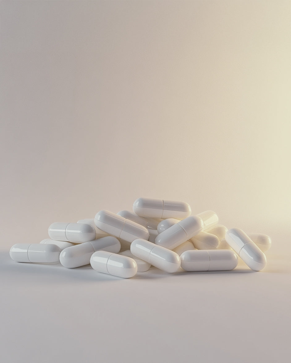 Front view of Clean Burn capsules showing white vegetable capsules piled on a soft gradient beige background