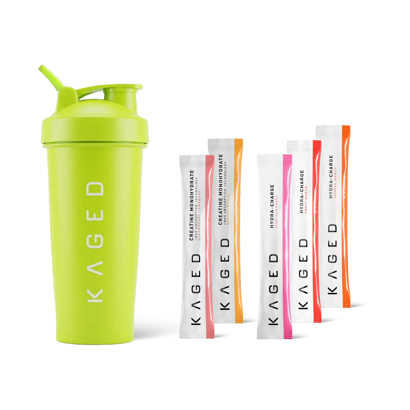 Front view of Subscription Welcome Gift with lime Volt Shaker and five hydration and creatine sticks on white background